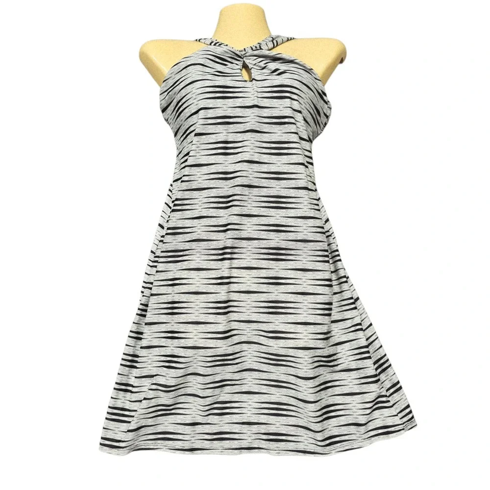 ATHLETA Dress XS Halter Top Gray Black Striped Sleeveless Casual Mini Swim Dress